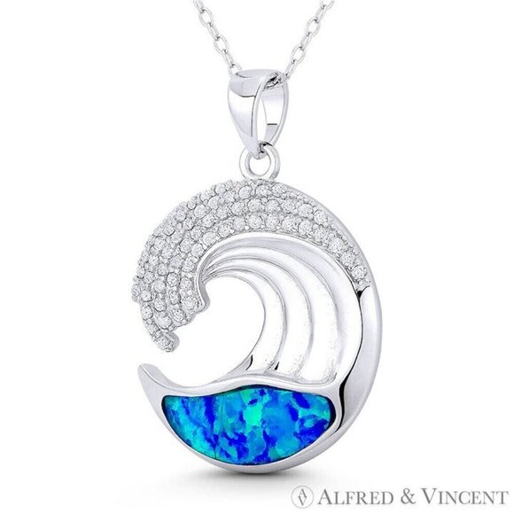 Sea Wave / Surfer Lab-Created Opal & CZ Crystal Pendant in .925 Sterling Silver - Picture 1 of 1